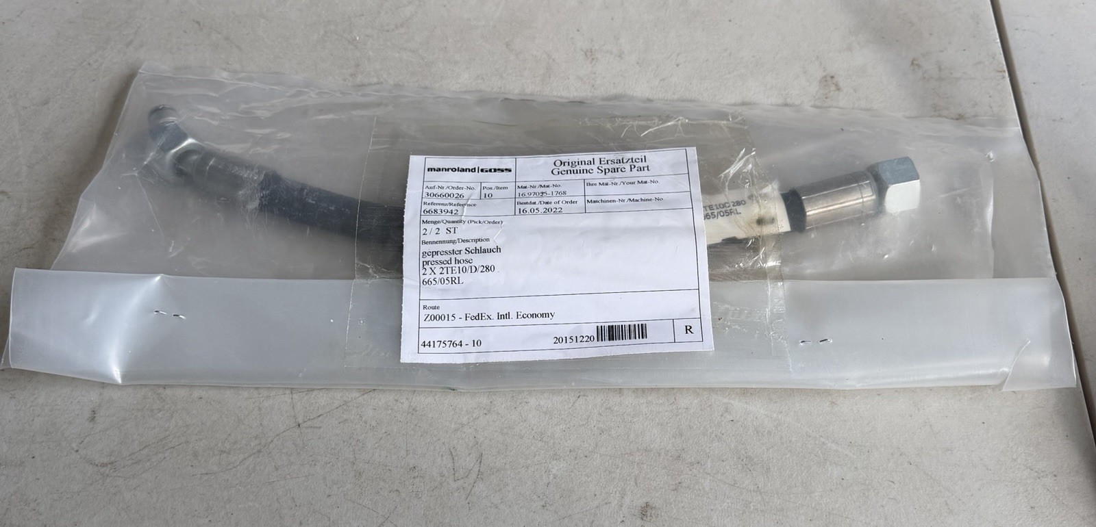 Manroland Goss 16.97055-1768 Pressed Hose Assembly 2 X 2TE10/D/280 665/05RL