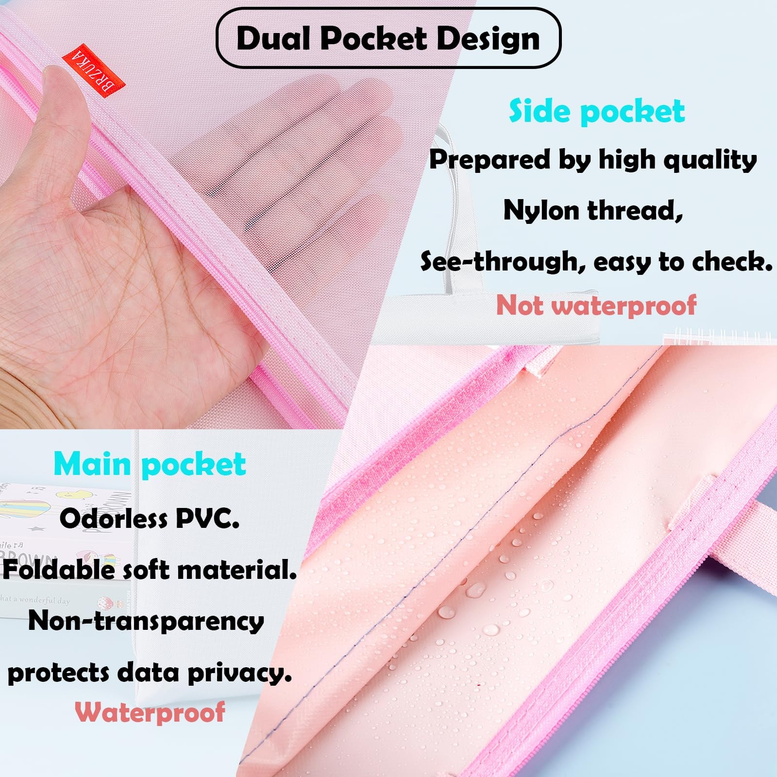 BRZUKA Mesh Zipper Pouch 11×13.7 in, A4 Double Pocket Waterproof A4, Pink