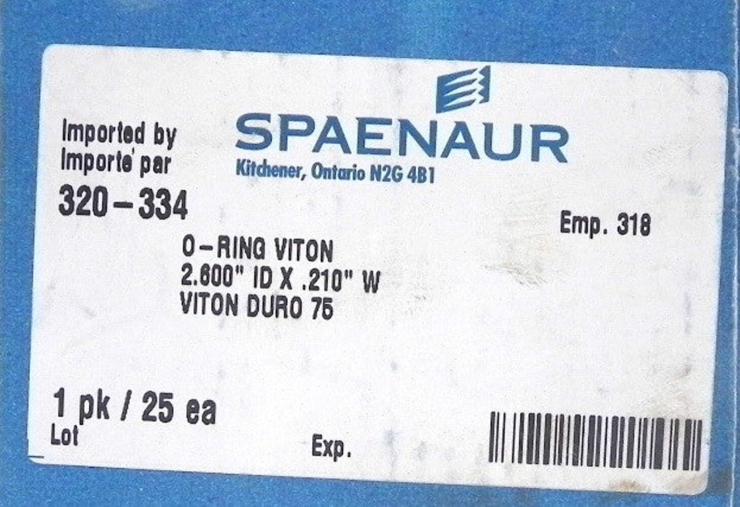 Spaenaur O Ring Viton 75 Duro Black 320-334 (25 Pcs)