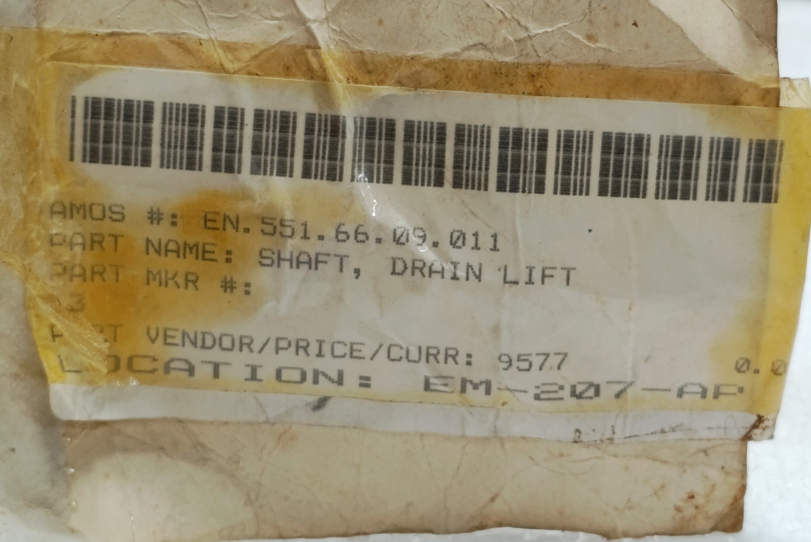 VULCAN HART EN.551.66.09.011 DRAIN LIFT SHAFT HANDLE NEW SURPLUS