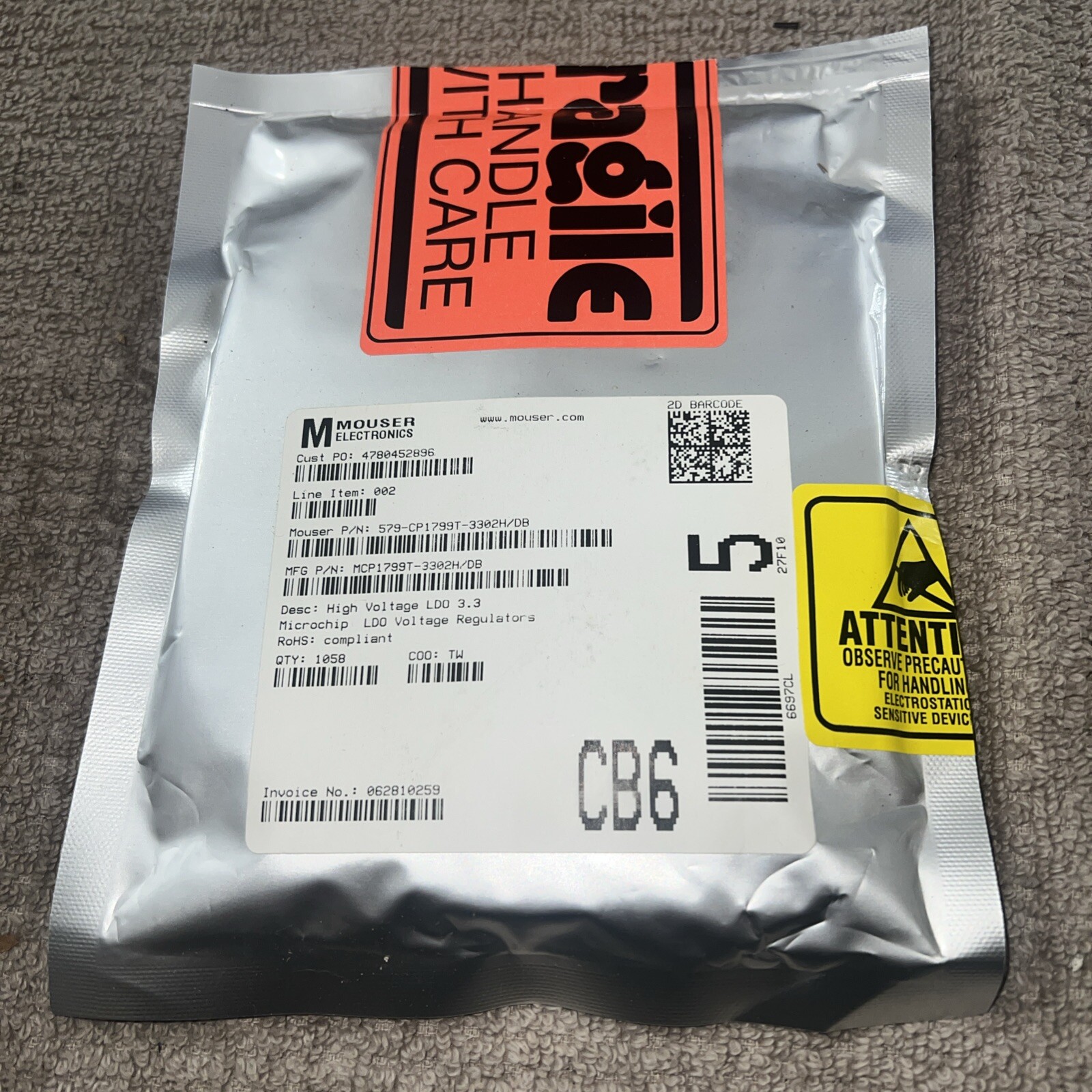 Microchip Technology MCP1799T-3302H/DB High Voltage LDO 3.3 Microchips QTY 1058