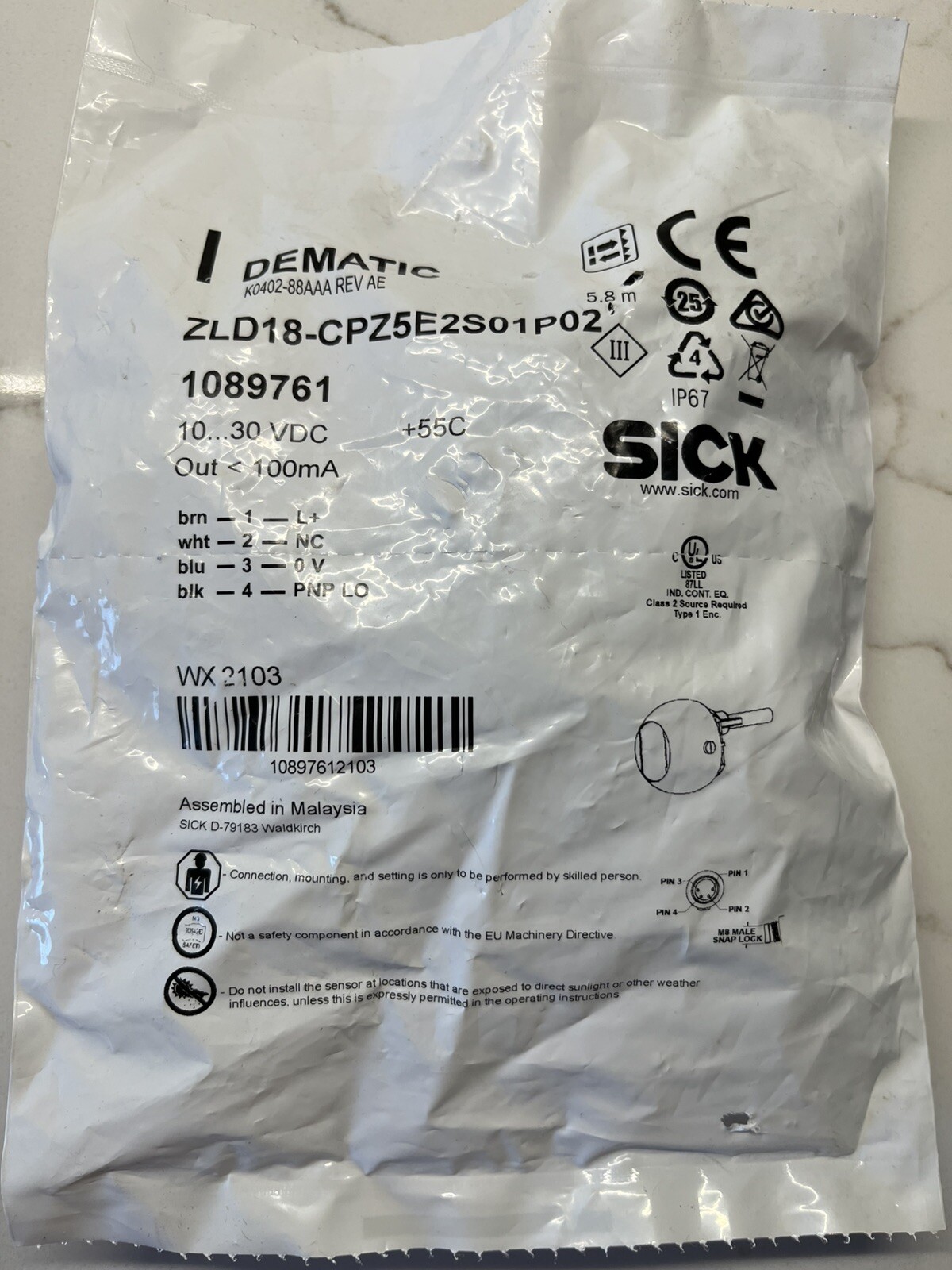 New Sick 1089761 ZLD18-CPZ5E2S01P02 Dematic Wx 2103 D-79183 K0402 88AAA Rev AE