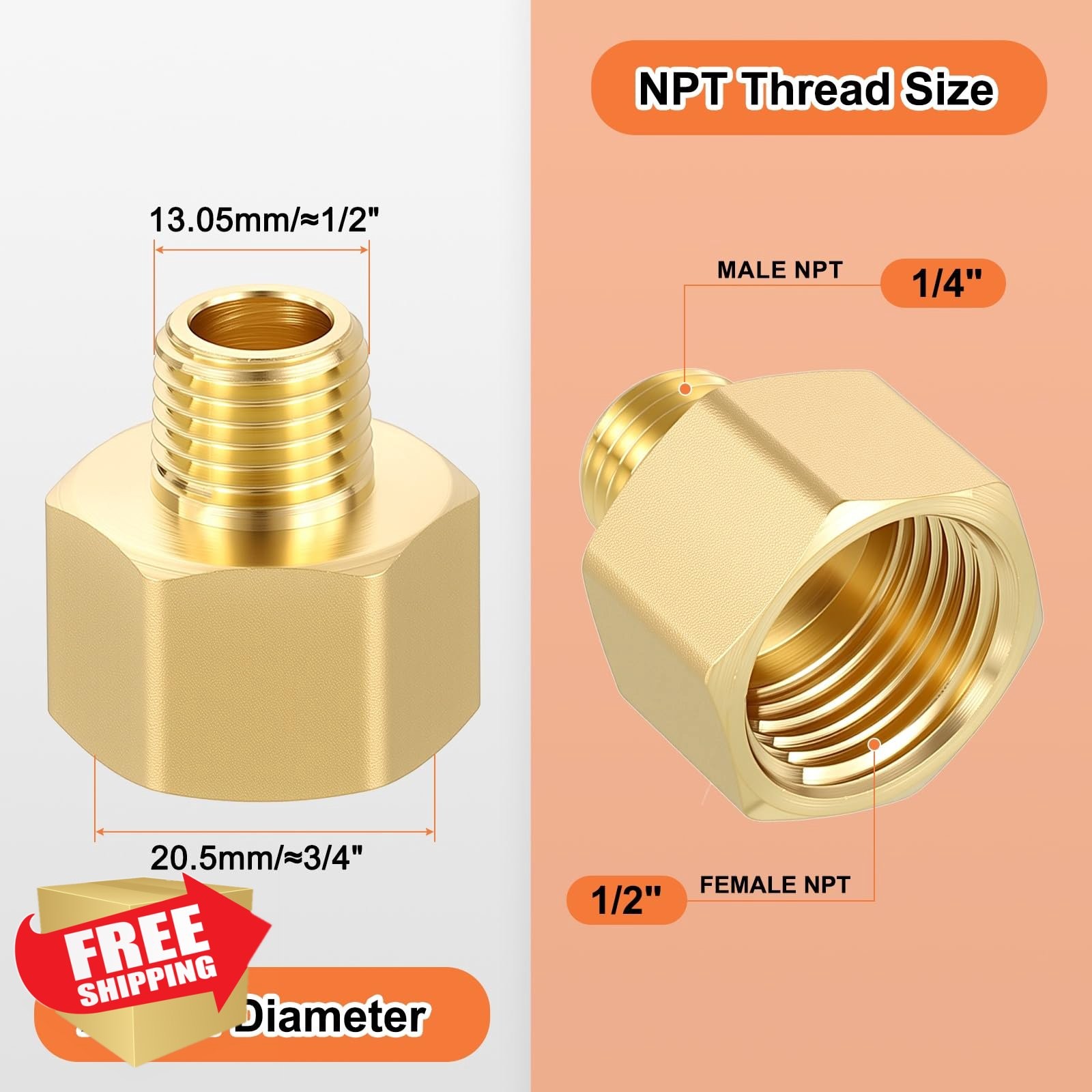 Rebower 3pk 1/2″ FeMale NPT to 1/4″ Male Brass Nipple Adapter