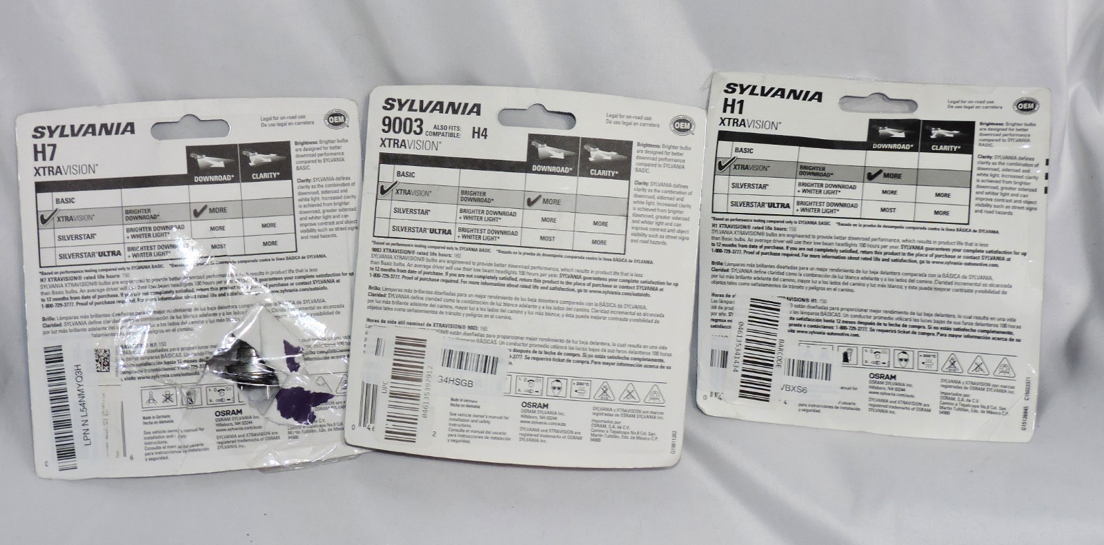 3 packs Auto Headlights Bulbs New Sylvania Xtra Vision 9003, H7, and H1 Lot