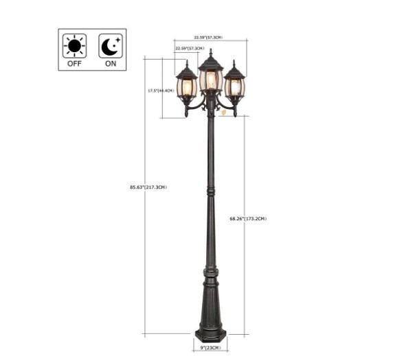 Hukoro 85.43 in. 3-Light Matte Black Metal Hardwired Waterproof Post Light Set