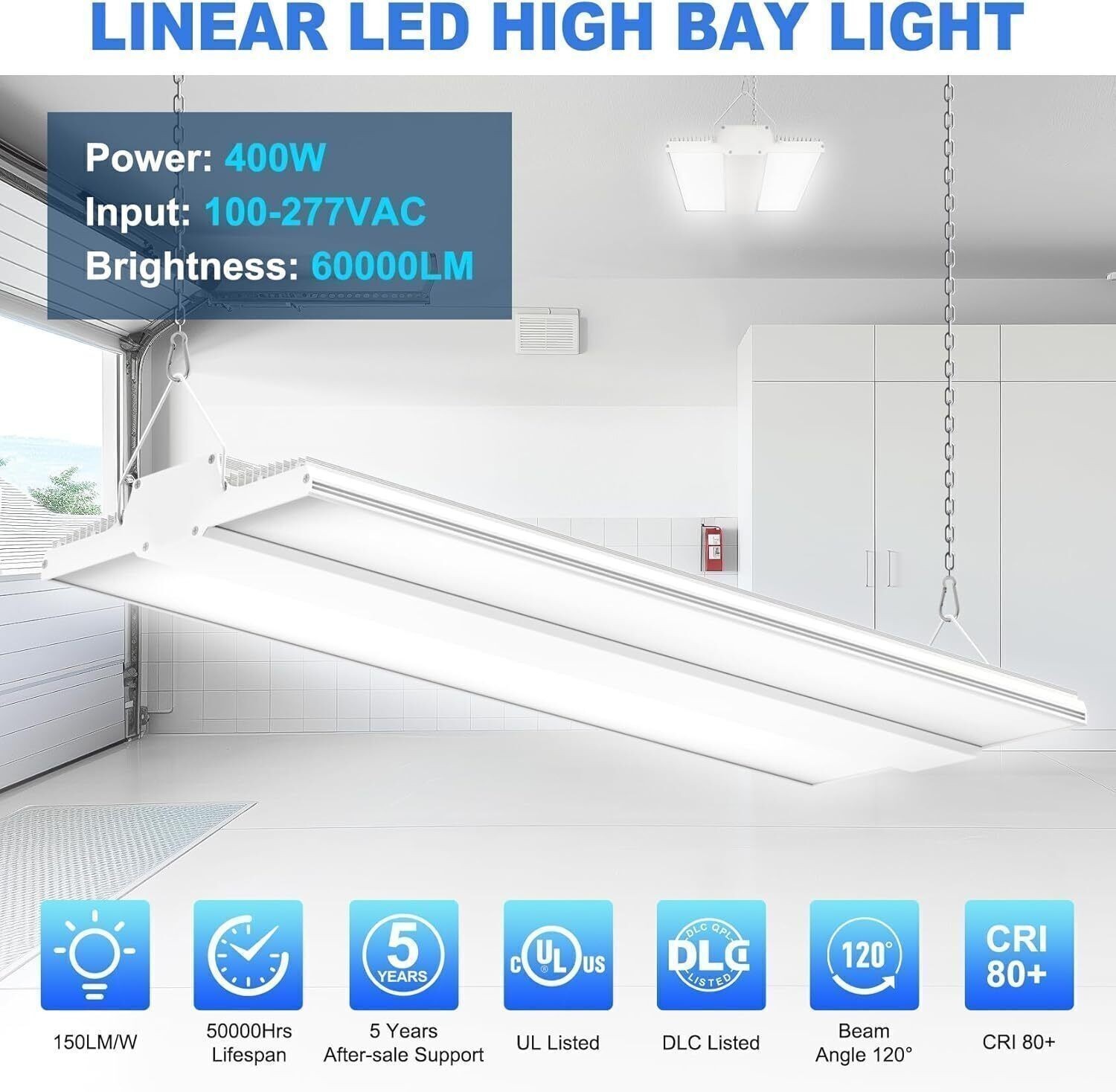 400W LED Linear High Bay Light 60,000LM Commercial Warehouse Garage Light 5000K
