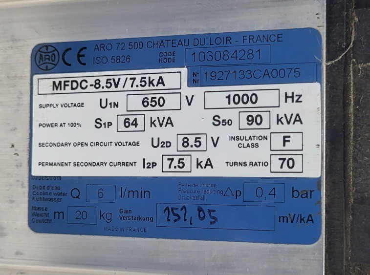 ARO MFDC-8.5V/7.5kA WELDING TRANSFORMER 1000Hz 90kVA 70 TURNS RATIO