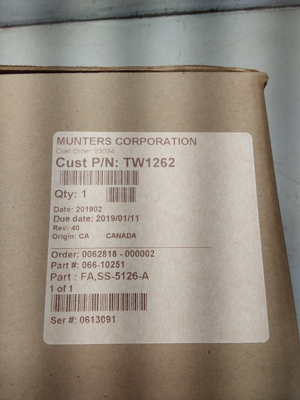 Munters Corporation TW1259 Aerotunnel 1.8 Aerotech SS5126A New