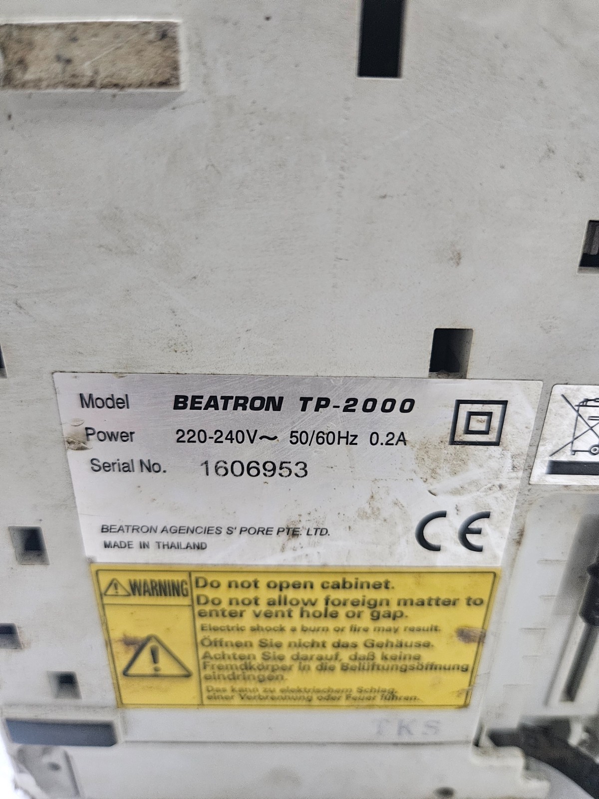 BEATRON TP-2000 220-240V 50/60Hz 0.2A SERIAL NO 1606953