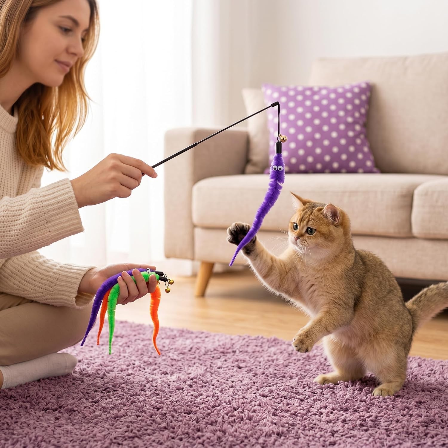 24-PCS Cat Worm Toy Refills Cat Wand Feather Teaser Refills Attachment