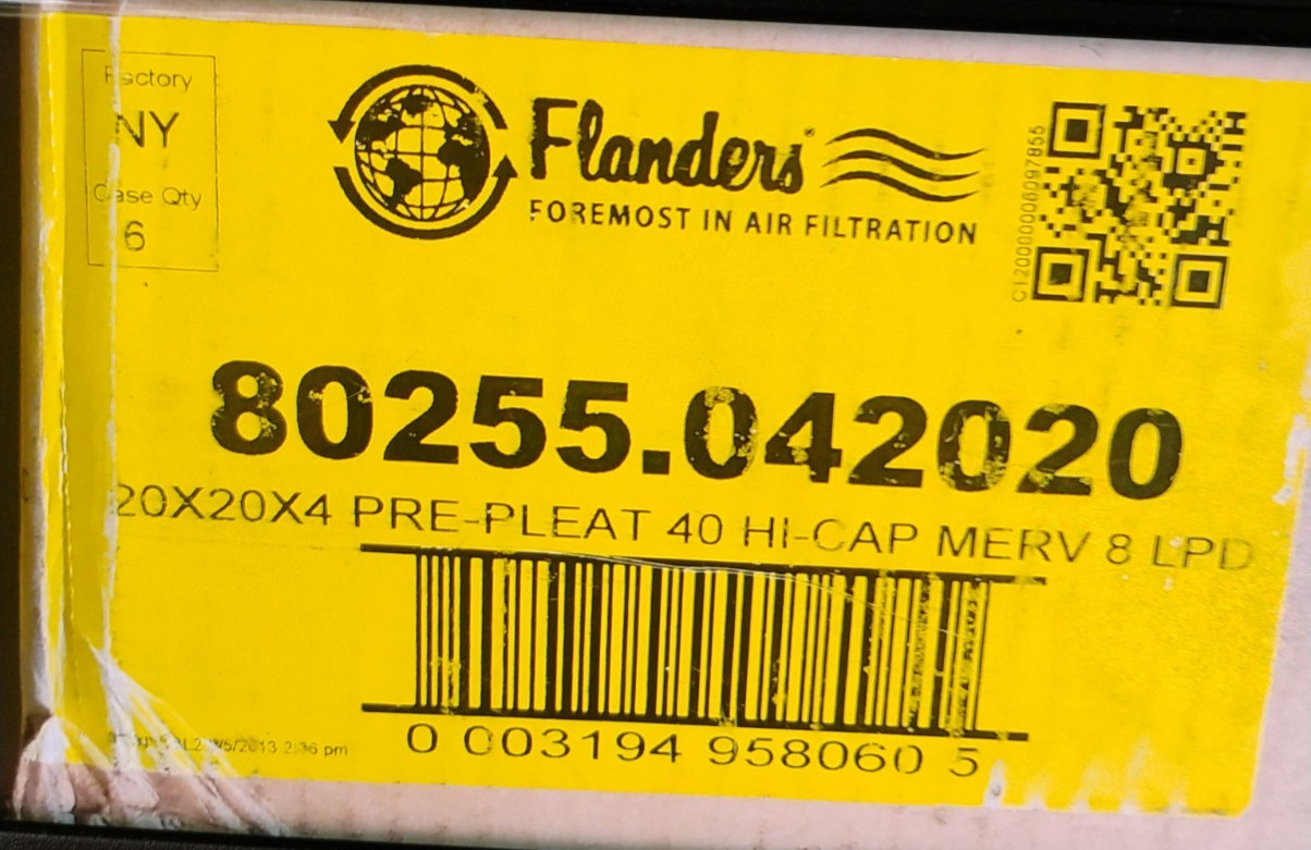 Flanders 80255.042020 20″x20″x4″ MERV 8 LPC Hi Cap Pre-Pleat Air Filter case/6