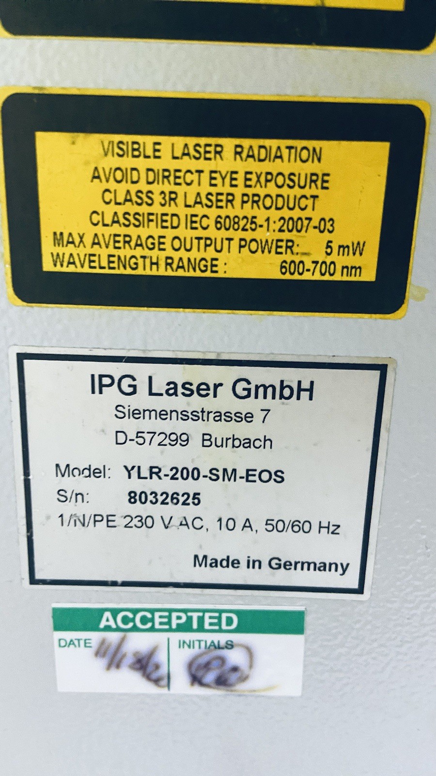 IPG FIBER LASER IPG – YLR-200-SM-EOS, Germany. SN 8032625, MFG 11/2020