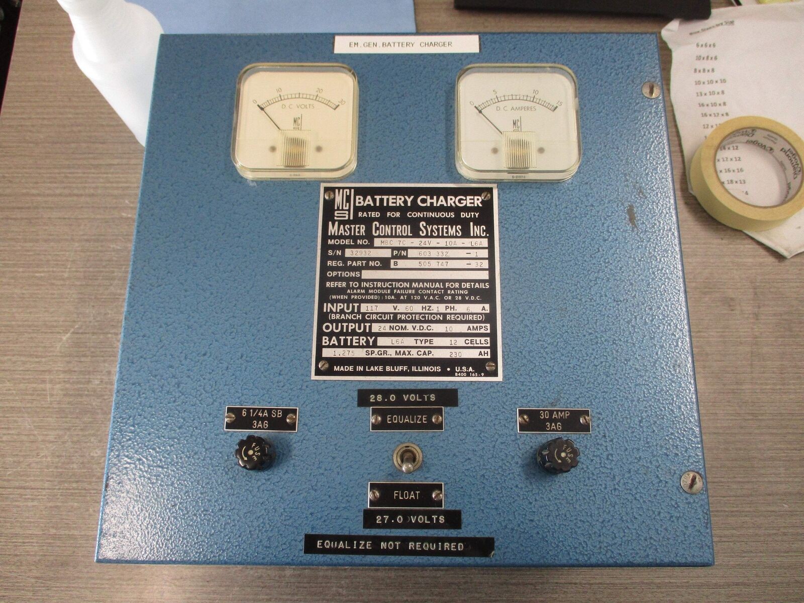 MCS MBC 7C-24V-10A-L6A Battery Charger 603 332-1 Input: 117V 60Hz 1Ph 6A Output: