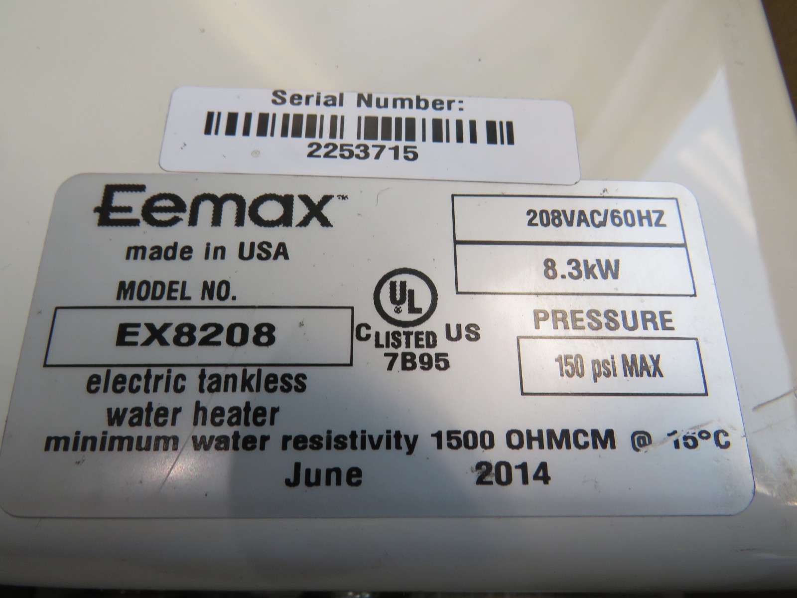 Eemax EX8208 Water Heater 208vac