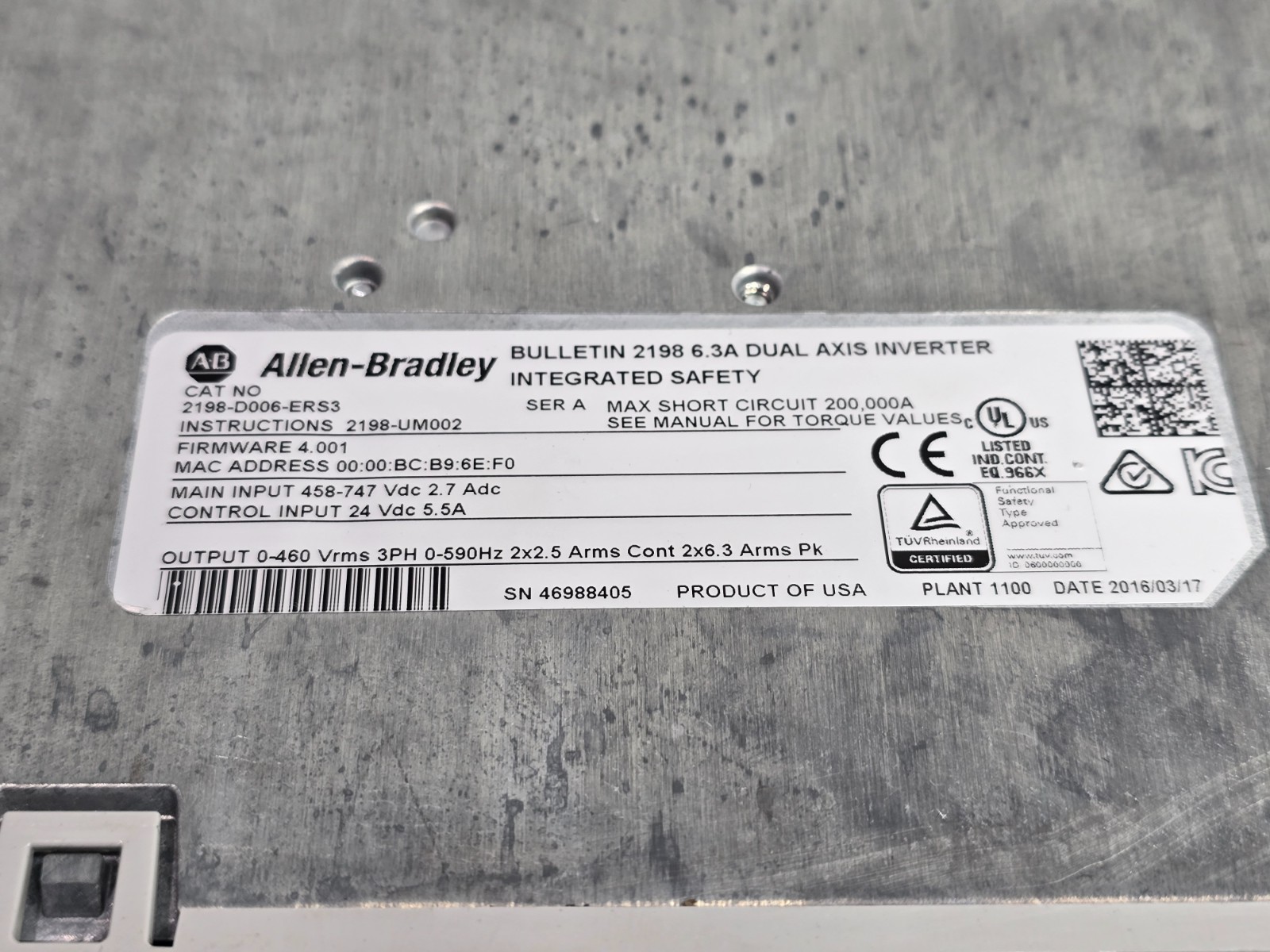Allen Bradley 2198-D006-ERS3 Kinetix 5700 Dual Axis Inverter SER A Untested
