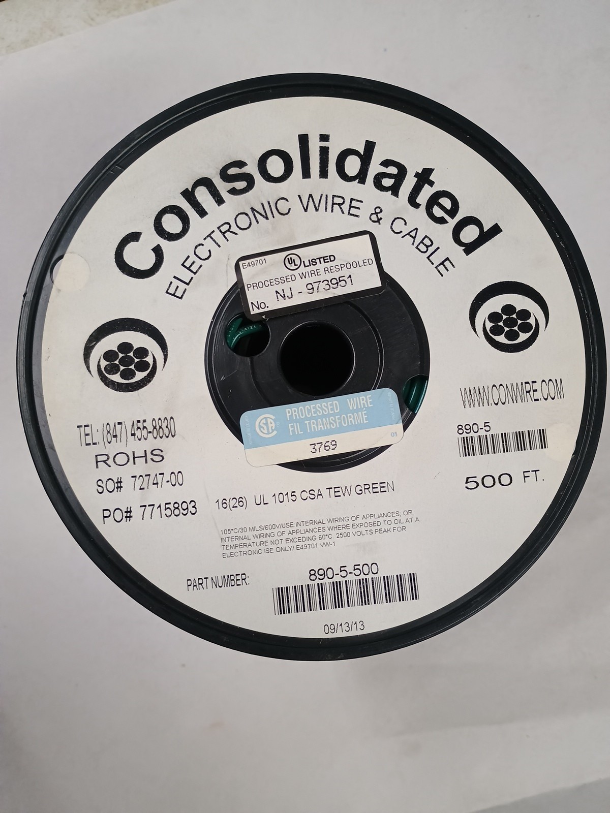 USA wire K1015 CSA Consolidated 16 AWG 26 Strand 500′ Tinned Copper Green PVC
