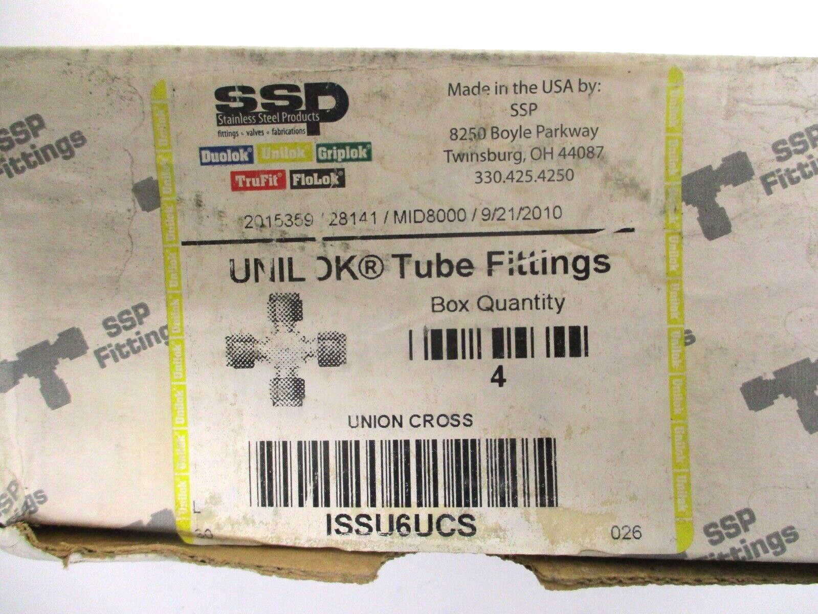SSP , UNILOK , 1SSU6UCS , SST 3/8″ TUBE UNION CROSS , LOT OF 4 , SURPLUS