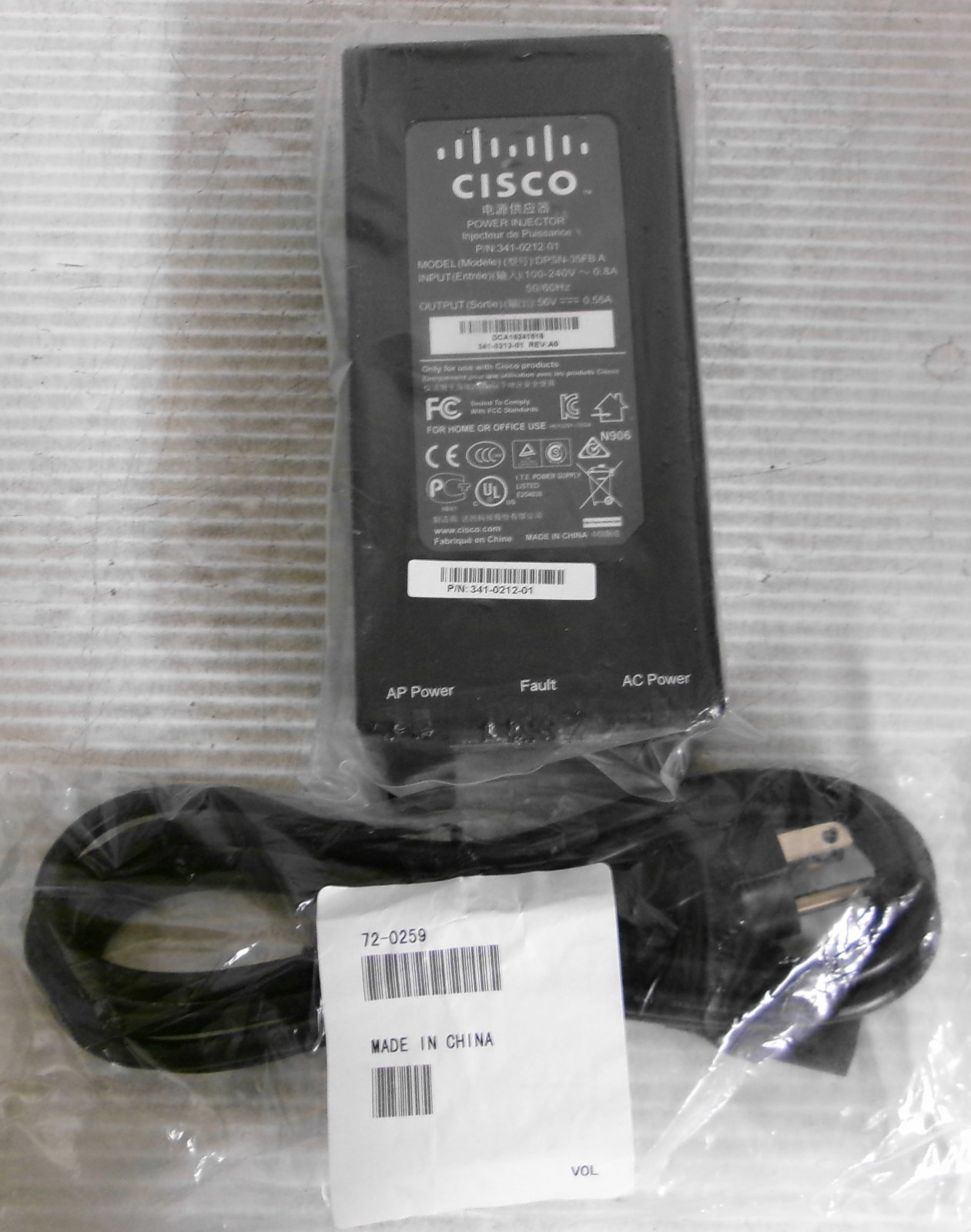 Cisco AIR-PWRINJ4 341-0212-01 Power Injector Input 100-240VAC 0.8A 50/60Hz
