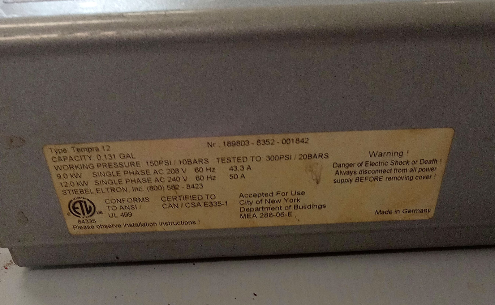 1 USED STIEBEL ELTRON TEMPRA 12 60 HZ TANKLESS WATER HEATER ***MAKE OFFER***