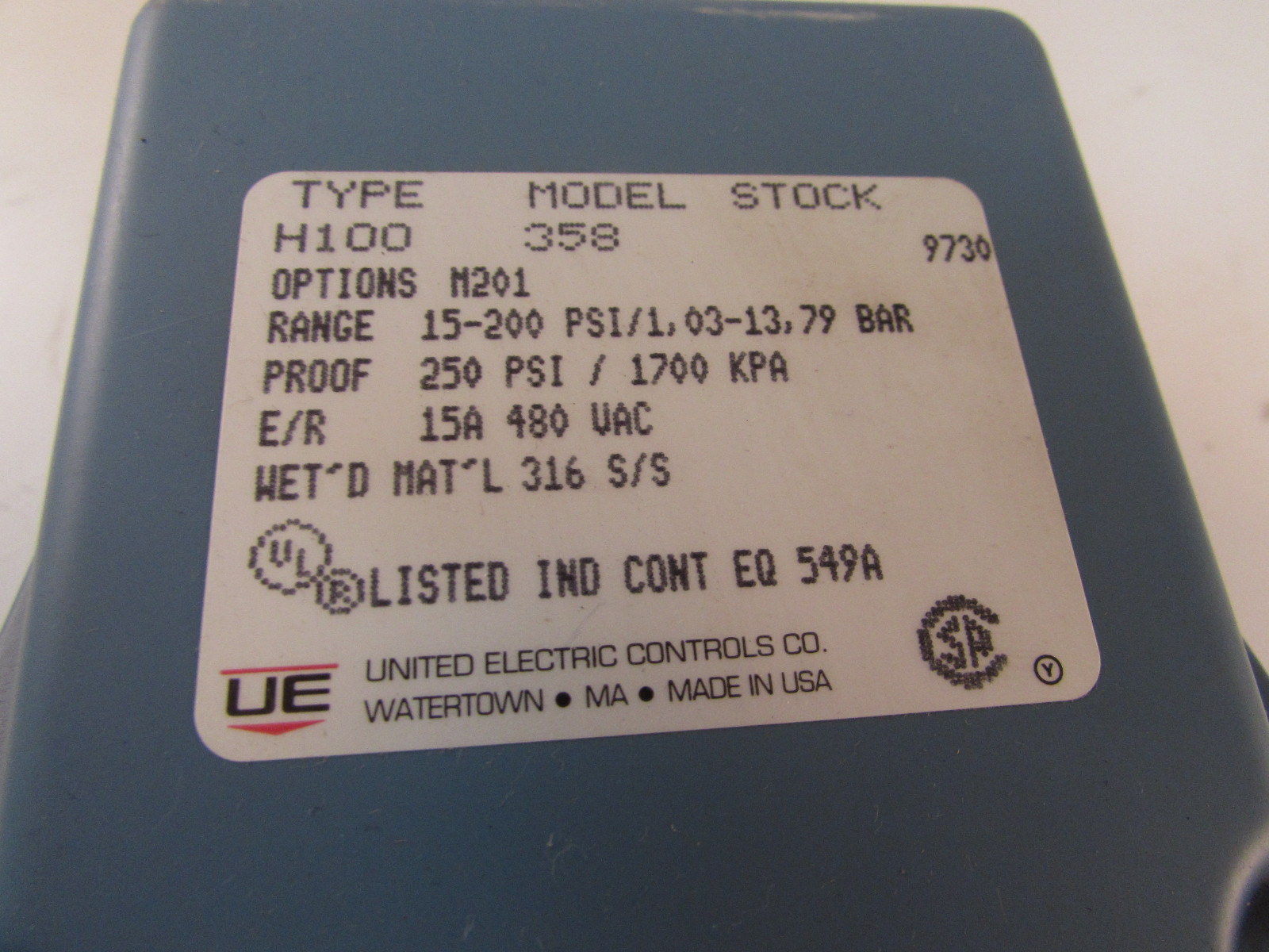 UE UNITED ELECTRIC H100-358 PRESSURE SWITCH 480VAC-15A