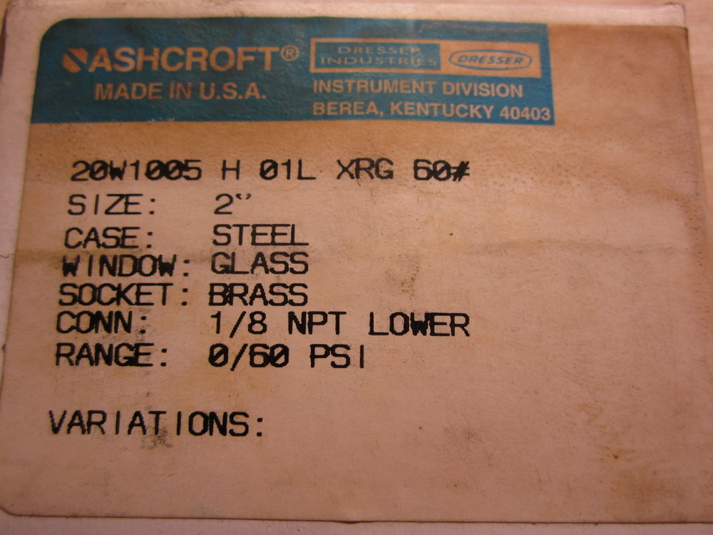 Ashcroft 20W1005-H-01L-XRG-60 Pressure Gauge 20W1005-H-01L Chipped Glass