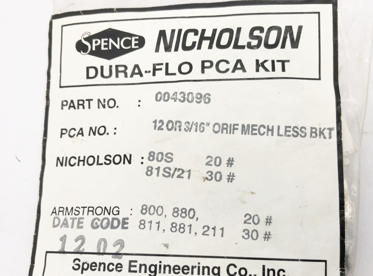 New Spence Nicholson 0043096 Repait Kit 12 OR 3/16″ ORIF MECH LESS BKT