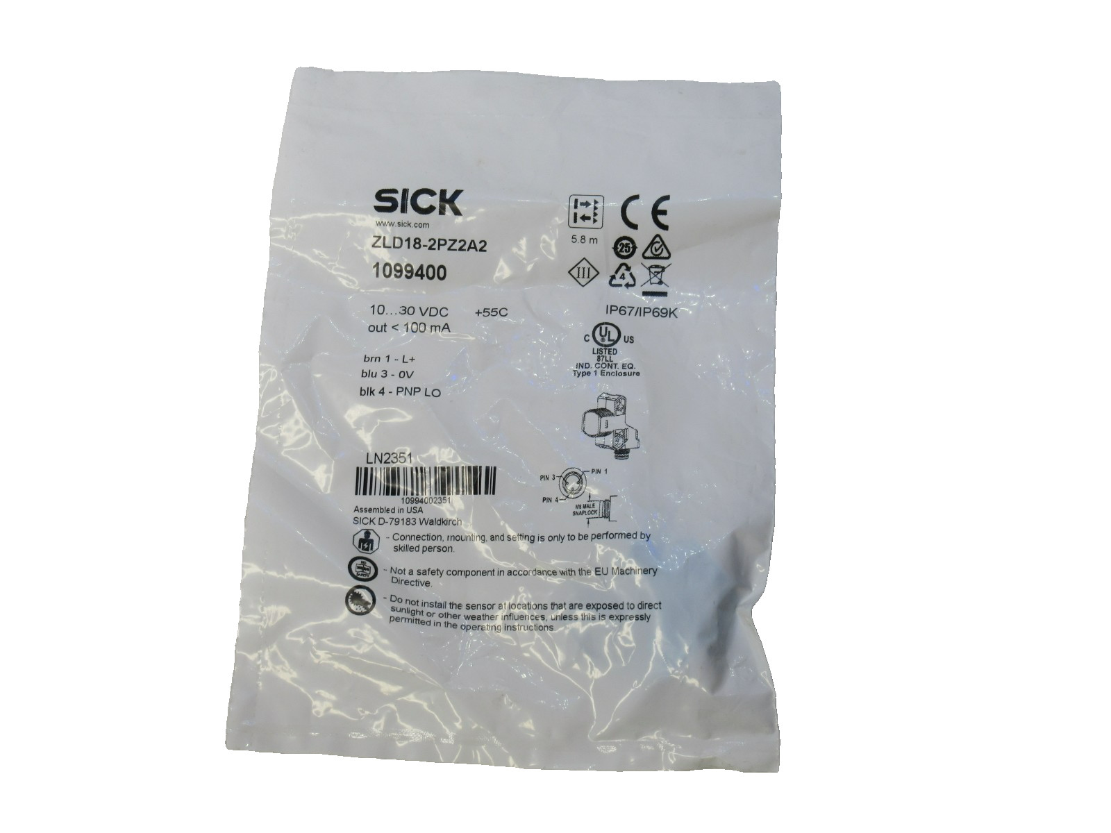Sick ZLD18-2PZ2A2 , 1099400 10…30Vdc Photoelectric Sensor (New)