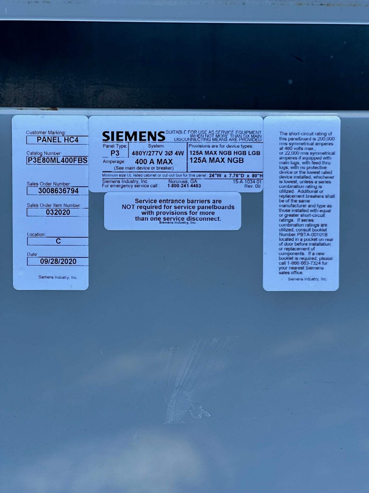 Siemens 480Y/277 V P3E80ML400FBS 400A 3-Phase Grow Light Panelboard 81 Breakers