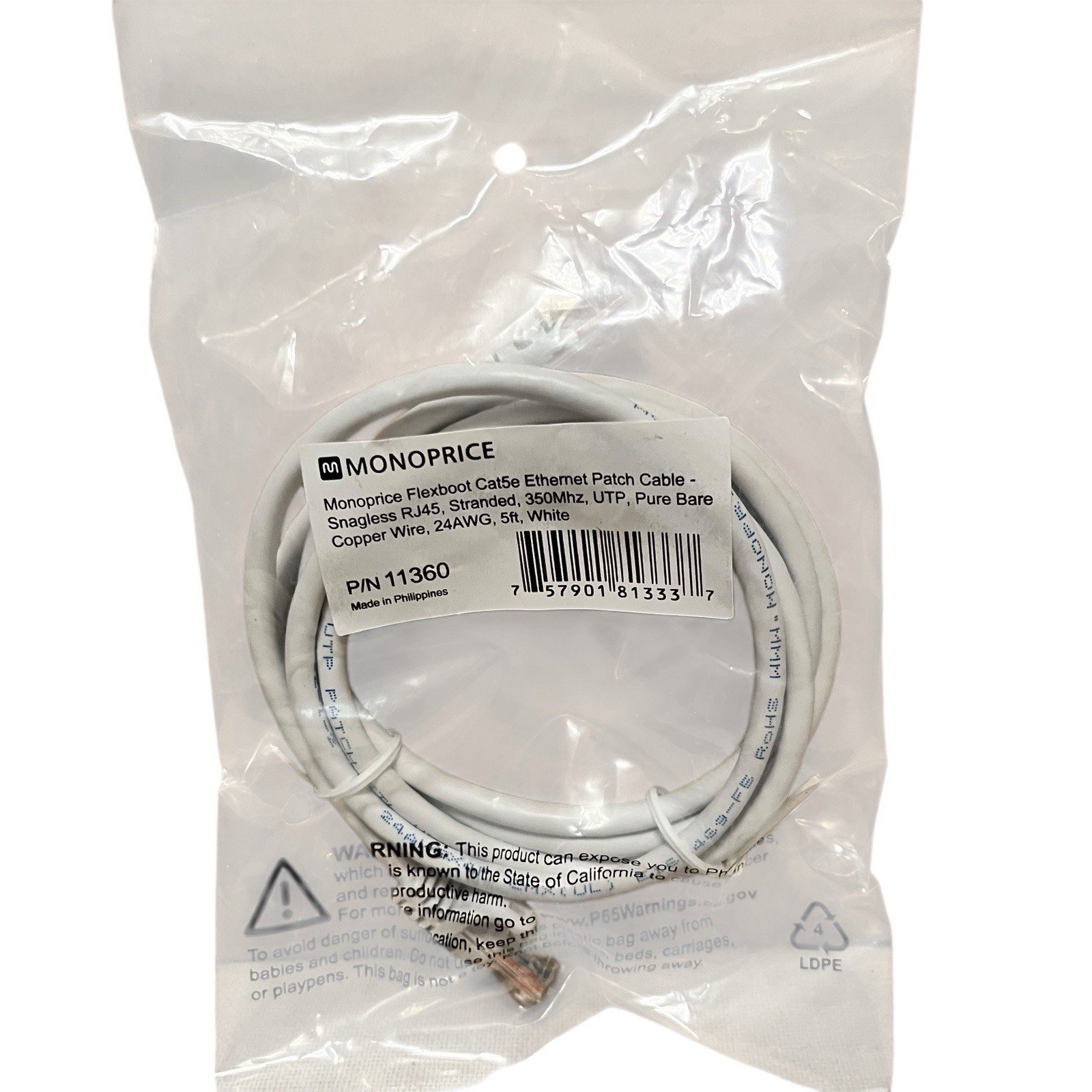 Monoprice Flexboot Cat5e Ethernet Patch Cable 11360 5ft White RJ45 UTP LAN Cord