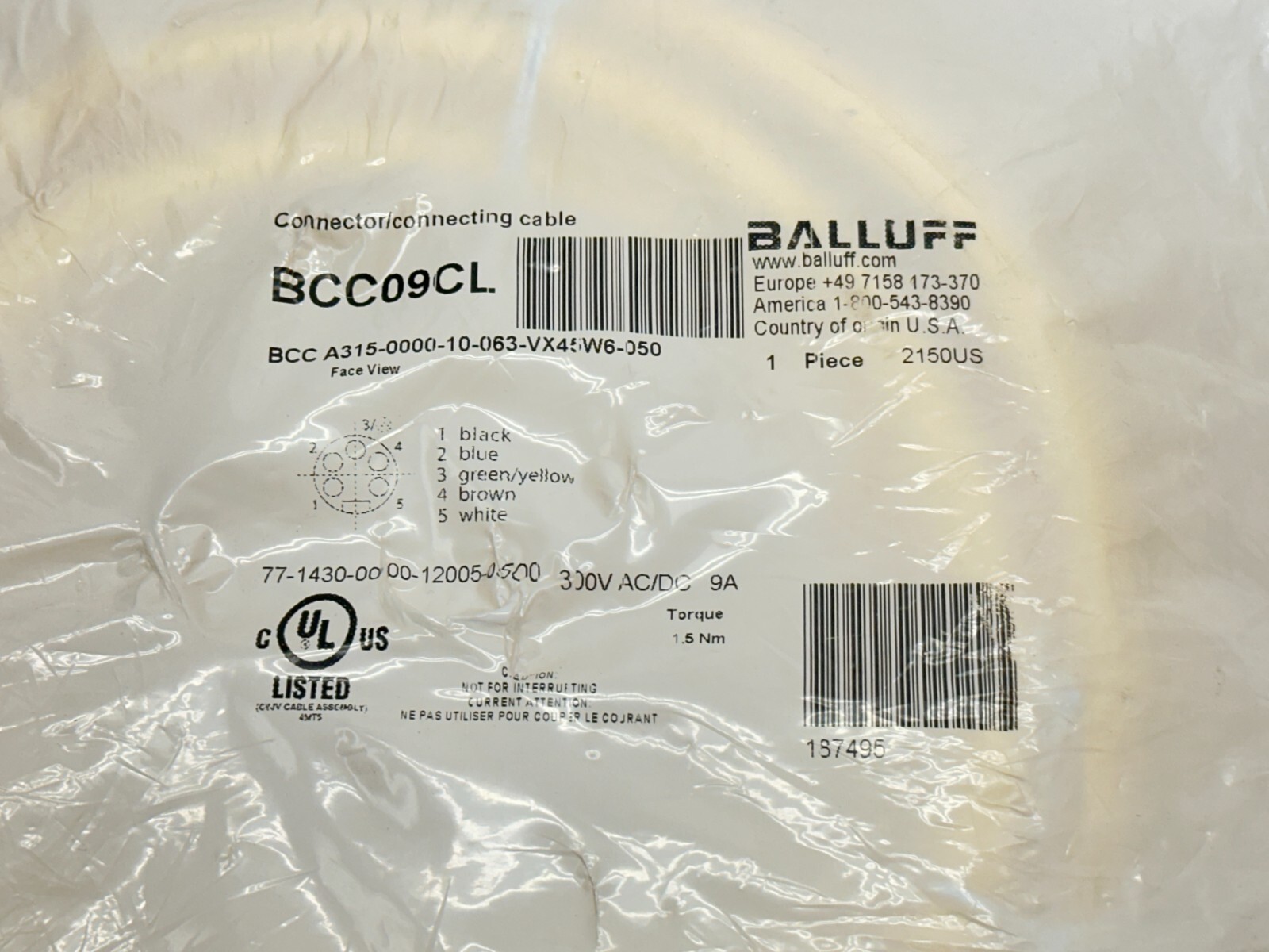 Balluff BCC09CL Single Ended Cordset F 7/8″ 5-Pin BCCA315-0000-10-063-VX45W6-050