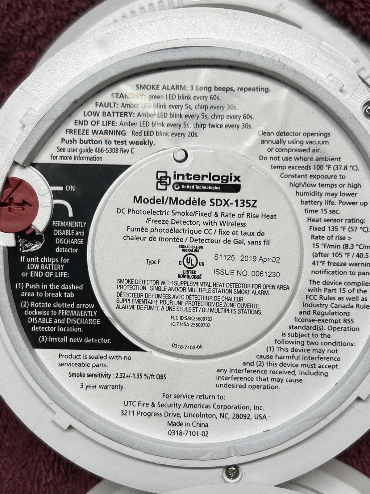Interlogix SDX-135Z Smoke Detector with Heat & Freeze Sensor. LOT OF 4!!!