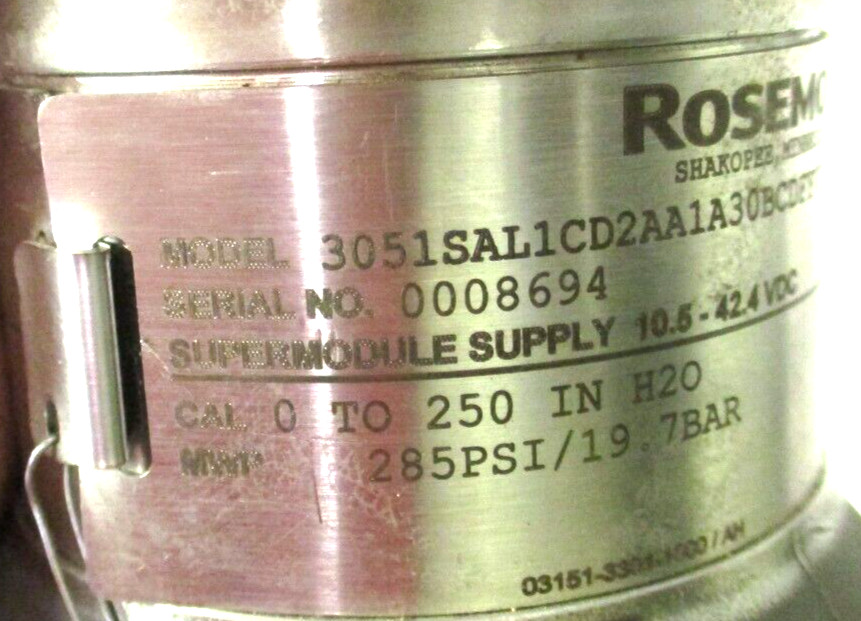 ROSEMOUNT TRANSMITTER, (2) 3″ 150 FLANGES, 3051SAL1CD2AA1A30BEDFF71CA, USED