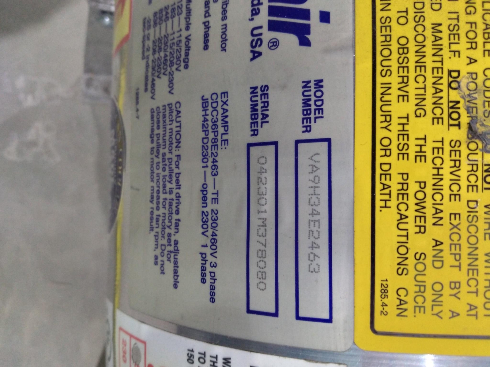 COOLAIR 9H34E2463 230/460V 1-3PHASE va9h34e2463