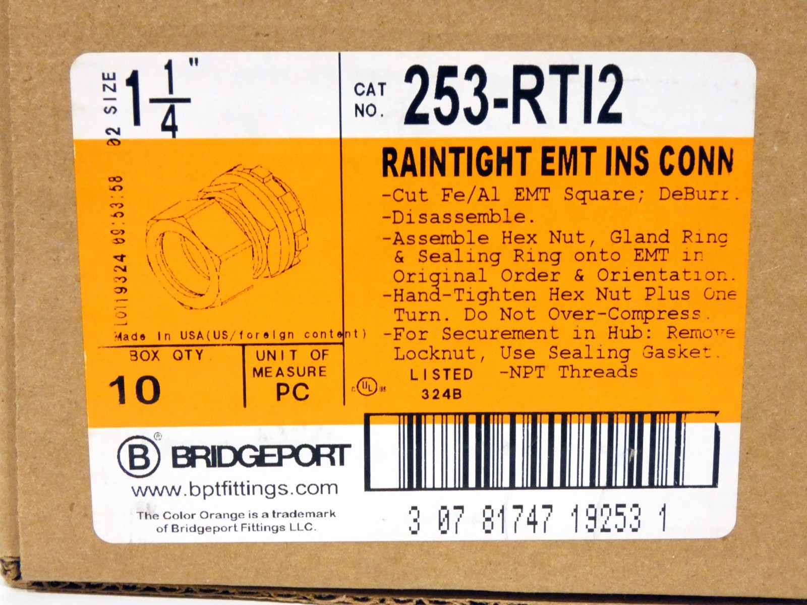 Bridgeport 253-RTI2 1-1/4″ Insulated Rain Tight Compress – Box of 10