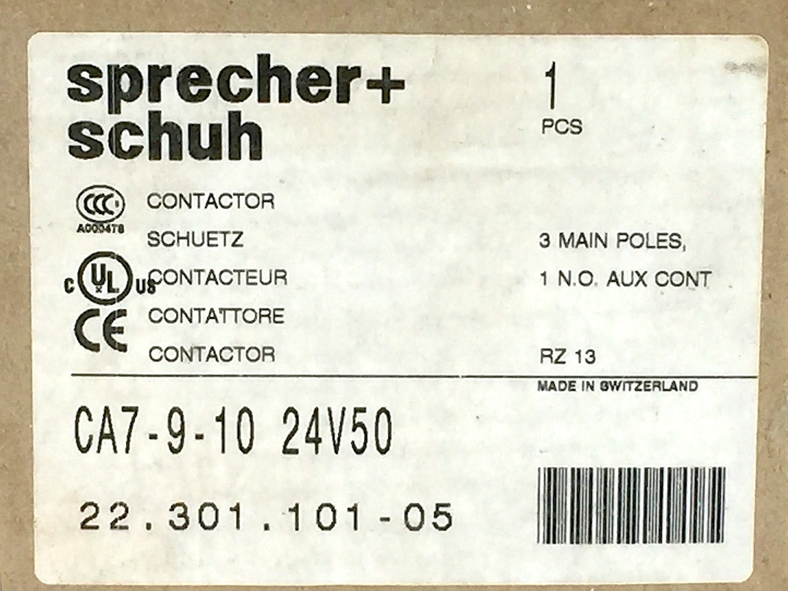 Sprecher + Schuh CA7-9-10 Contactor 3P 24V AC Coil 50/60Hz CA7-9-10-24Z
