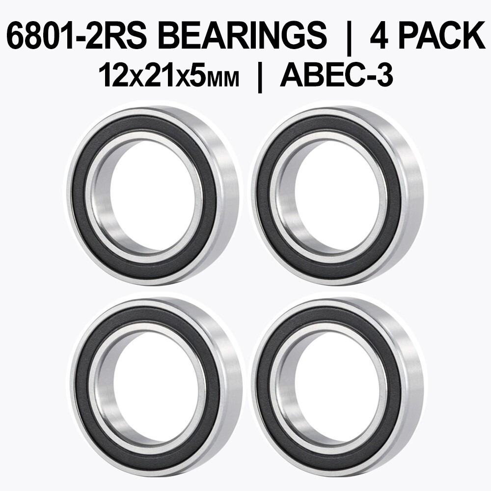 6801-2RS Sealed Ball Bearings (12x21x5mm) – 4 pack – Chrome Steel – ABEC-3