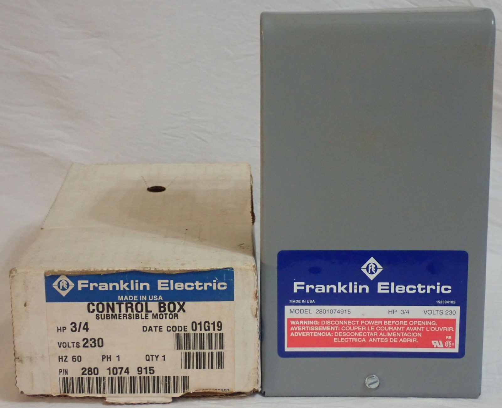 NOS FRANKLIN ELECTRIC 2801074915 SUBMERSIBLE MOTOR CONTROL BOX 3/4HP 230V 60HZ
