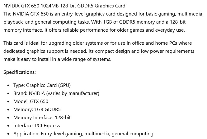 1 USED NVIDIA GTX650 1024MB 128bit GDDR5 GRAPHICS CARD ***MAKE OFFER***