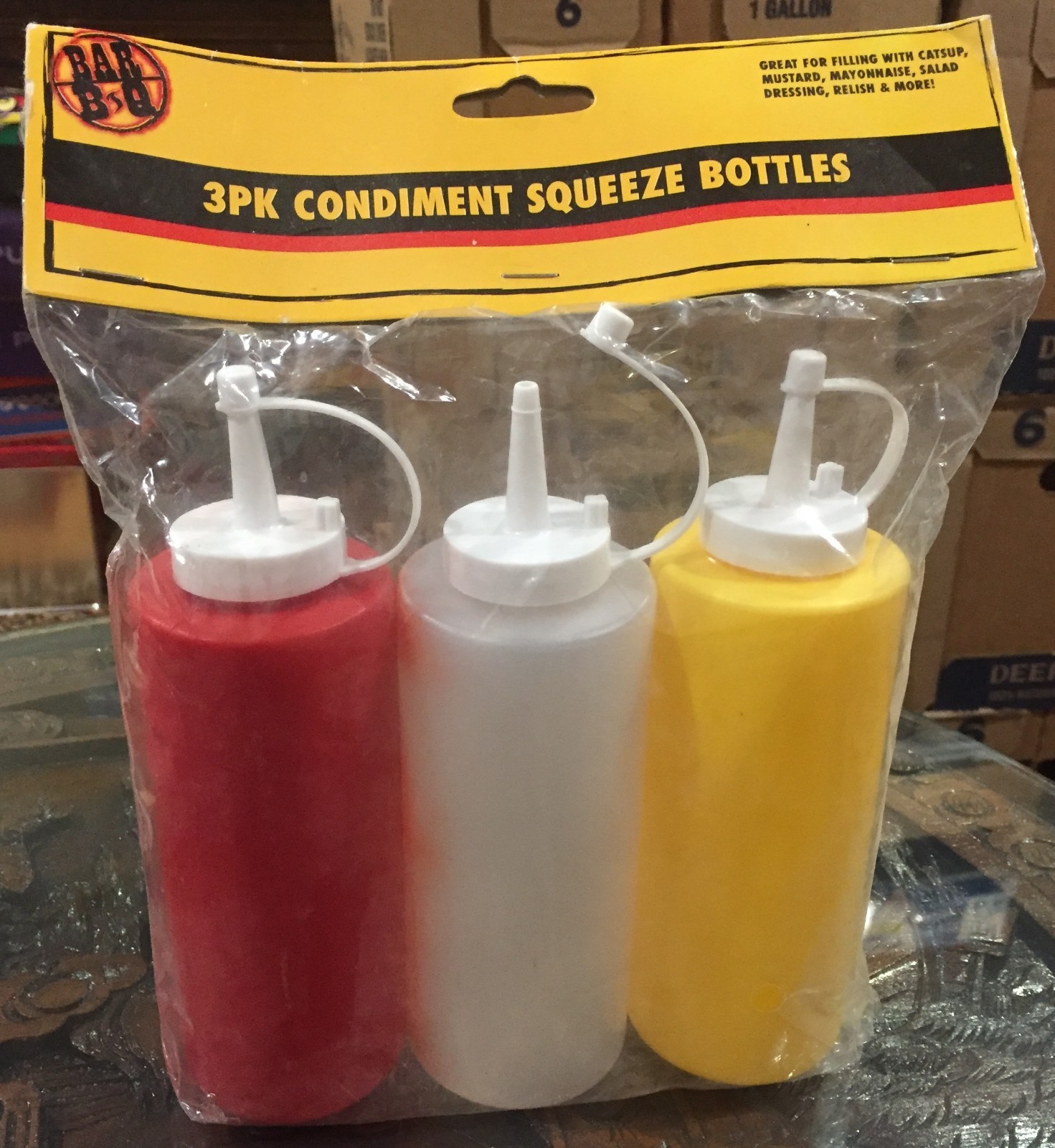 new sealed Condiment Squeeze Bottles | Set of 3 Clear, Yellow, and Red