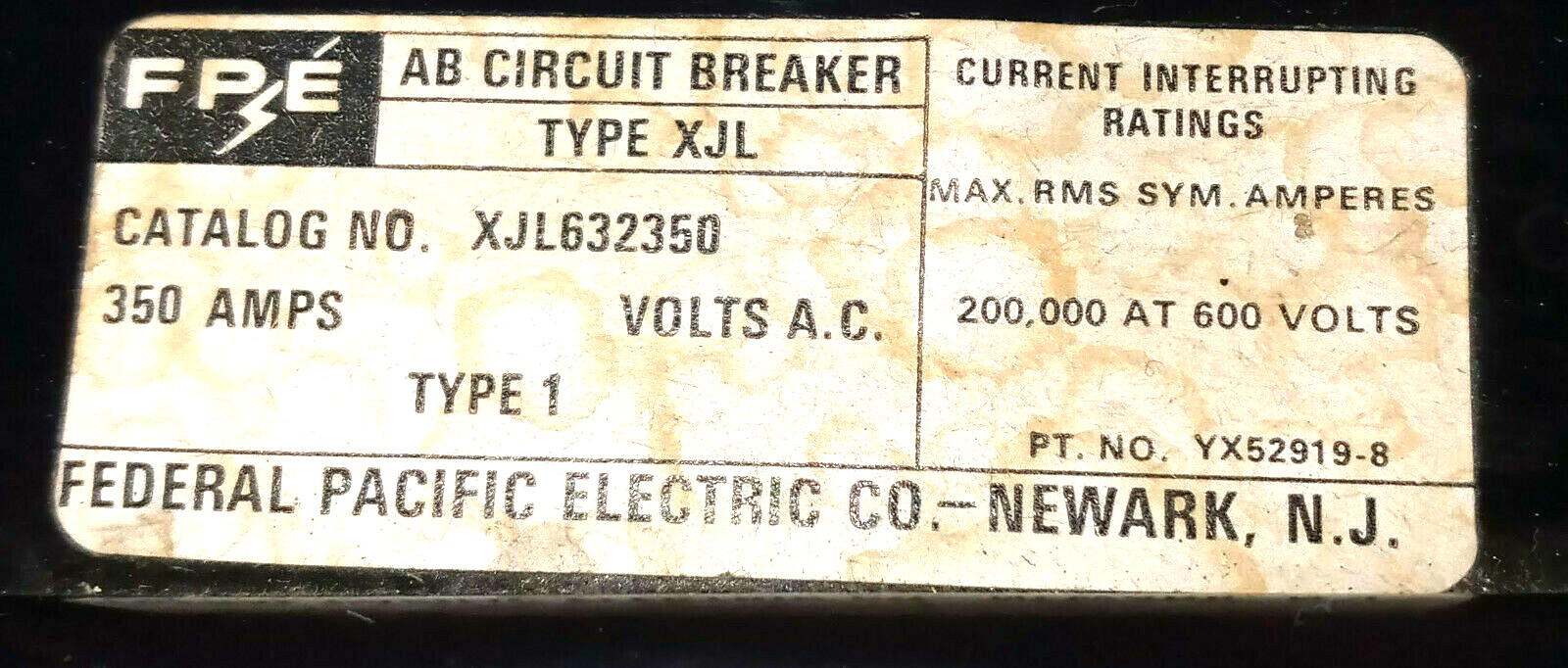 1 USED FEDERAL PACIFIC XJL632350 CIRCUIT BREAKER 350A 600V UNB ***MAKE OFFER***