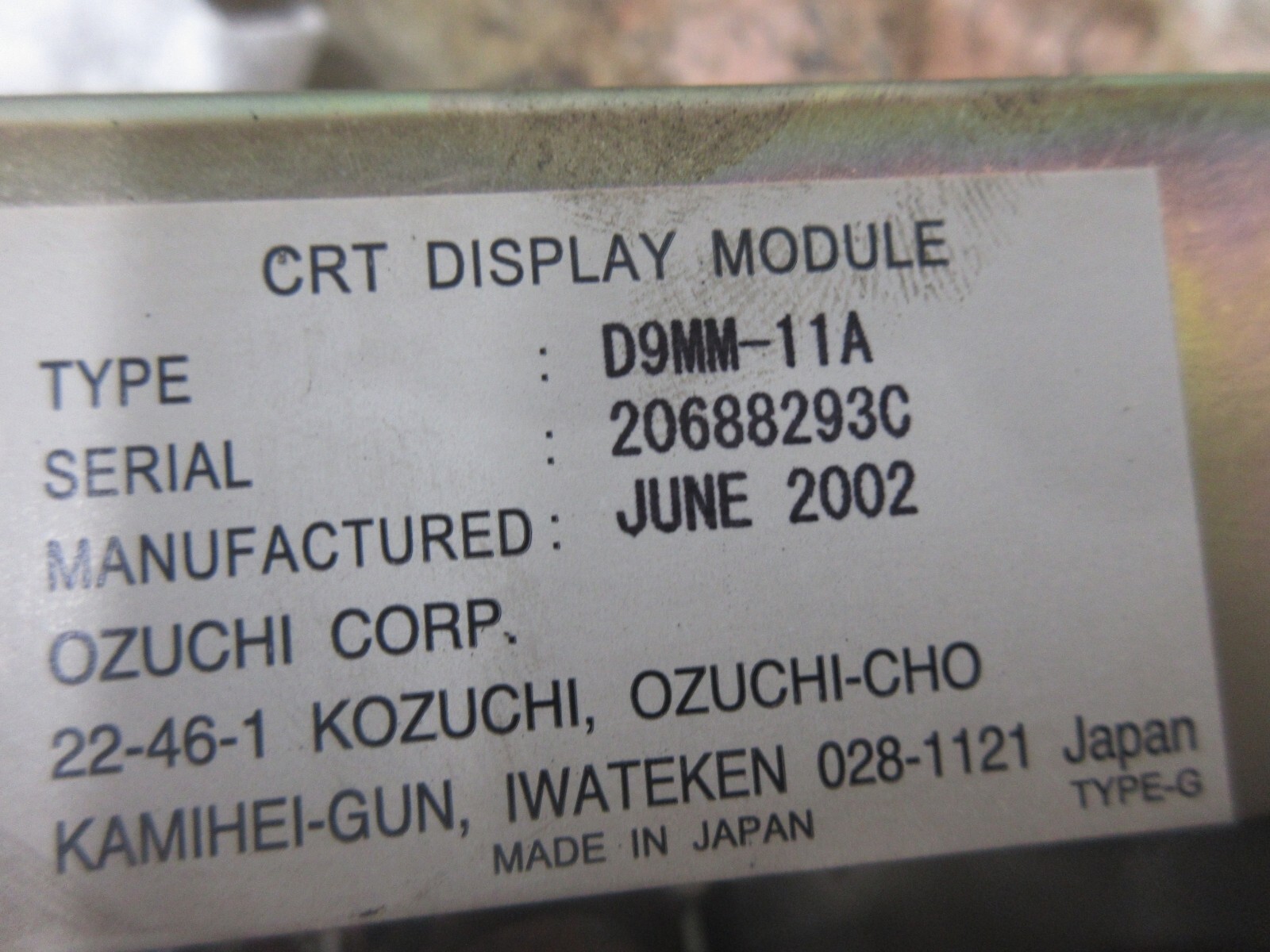 KAMIHEI-GUN CRT MONITOR D9MM-11A 20688293C JUNE 2002 028-1121 A61L-0001-0093 4MD