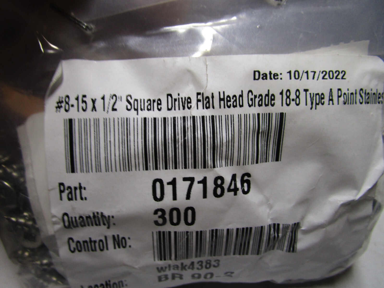 #8-15 x 1/2″ Square Flat Head Grade 18-8 Type A Pt S/S Sheet Metal Screw QTY 300