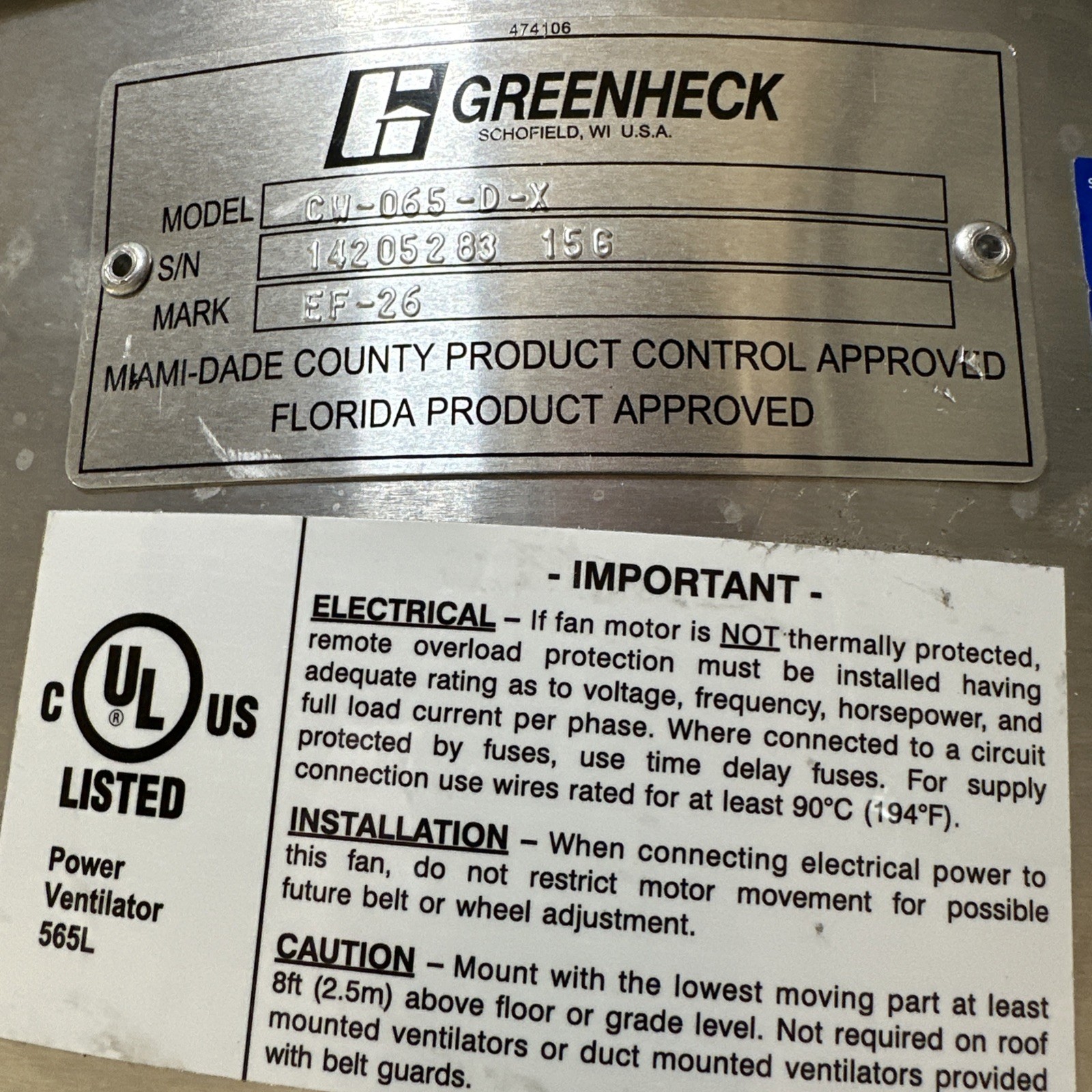 Greenheck CW-065 D-X CENTRIFUGAL UPBLAST ROOF EXHAUST FAN SINGLE PHASE 1/2 IN WC