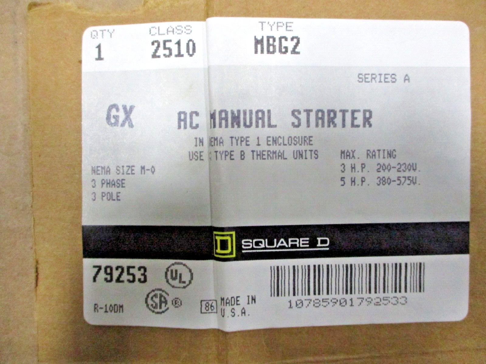 New Open Box Square D Gx AC Manual Starter 3PH 3 Pole 200-230V A7920WVS
