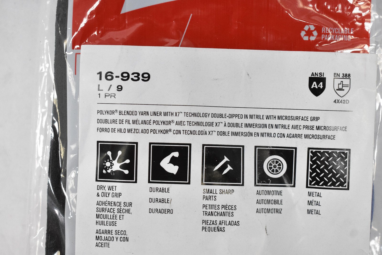 G-Tek PolyKor 16-939 Cut A4 Nitrile Coated Gloves Large L/9 Oil Grip PIP 3 Pairs
