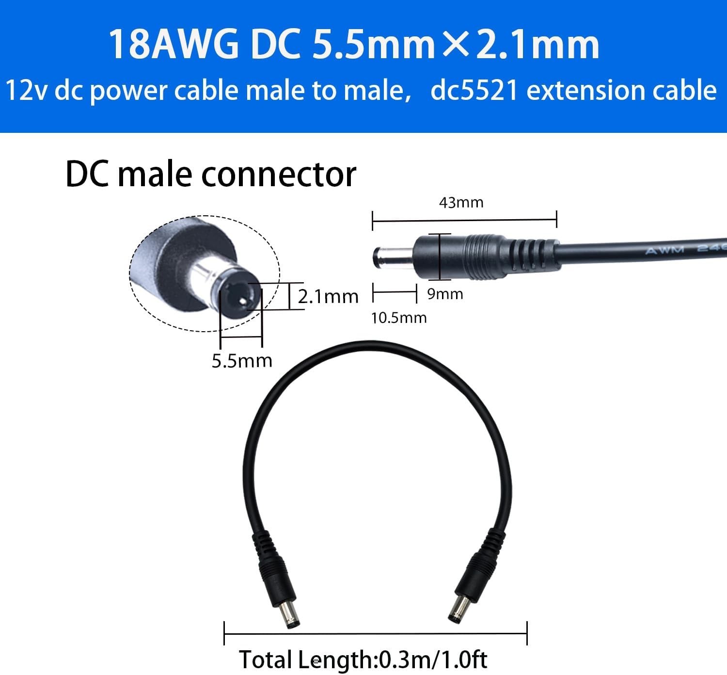 5.5Mm X 2.1Mm 12V DC Power Cable 3-Pack,Dc5521 Male to Male Extension Cable 18AW