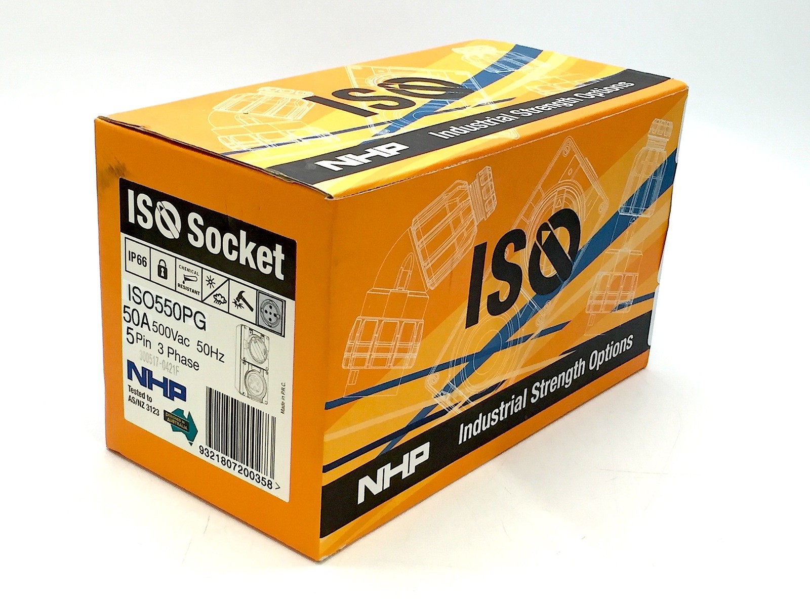 NHP ISOC550PG Switched Socket Outlet 5 Round Pin 50A 500V 63mm Base Grey