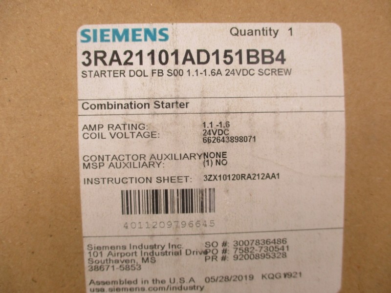 SIEMENS 3RA21101AD151BB4 24VDC 1.1-1.6A NSMP