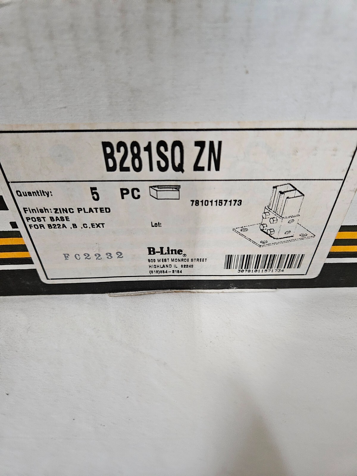 B-Line B281SQZN Post Base 1-5/8″ X 1-5/8″ Side By Side Channel 6″ X 6″