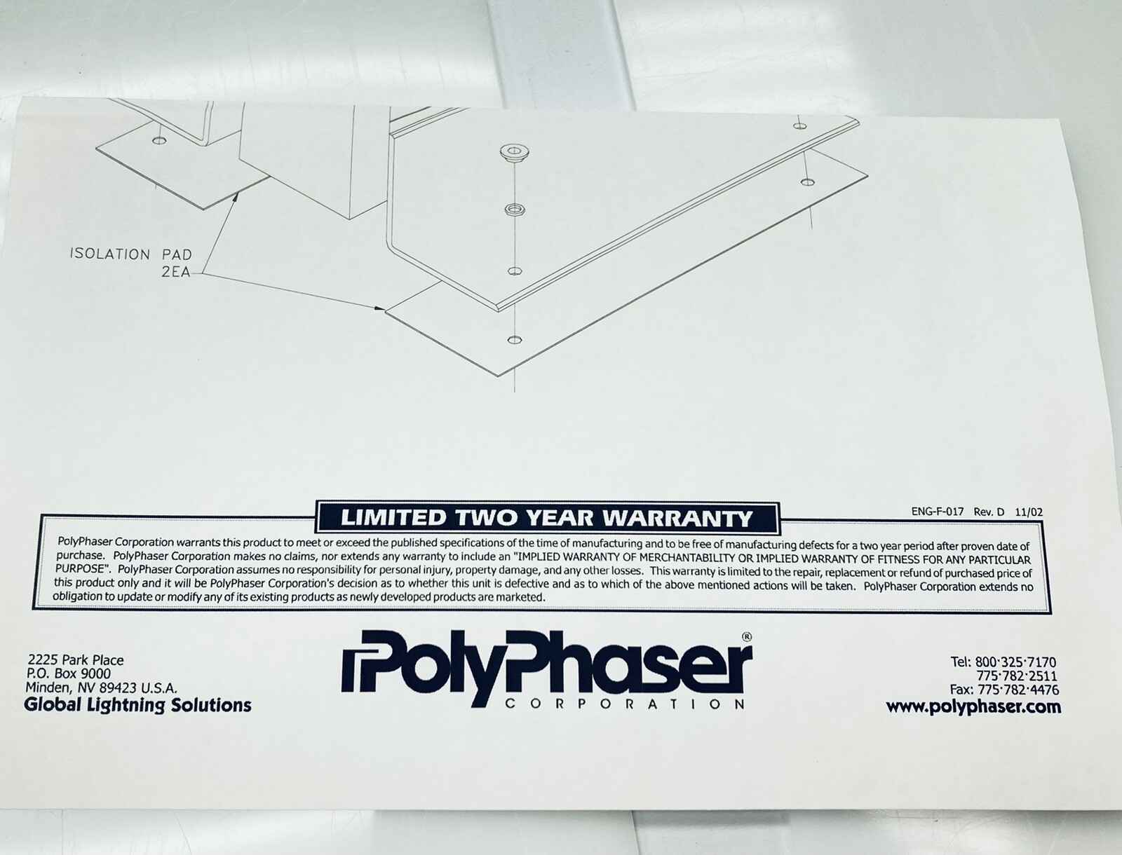 UNUSED POLYPHASER RACK-ISO-KIT-19 RACK ISOLATION KIT 19″
